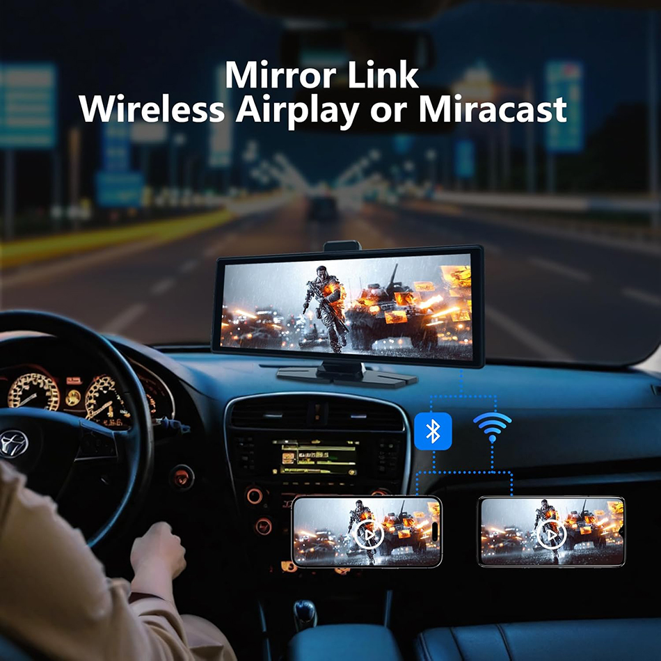 10.26'' Wireless CarPlay & Android Auto Screen for with 4K Dash Cam, 1080p Backup Camera, Bluetooth, GPS Navigation, Voice Control, Mirror L