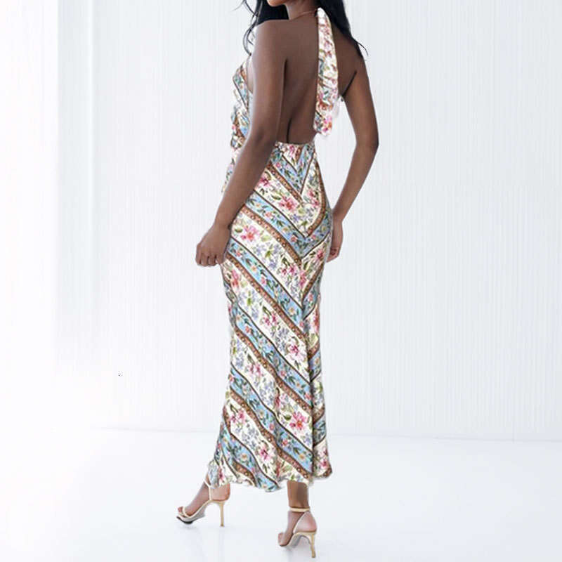 2025 New Spring Women's Sexy Printed V-Neck Backless Hanging Neck Dress KLMY