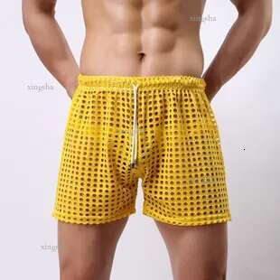 Wholesale- Novelty Men Shorts Big Mesh Loose Casual Sexy Gay Male Sex Clothing Man Sleepwear See Through Low Rise Boxer Shorts