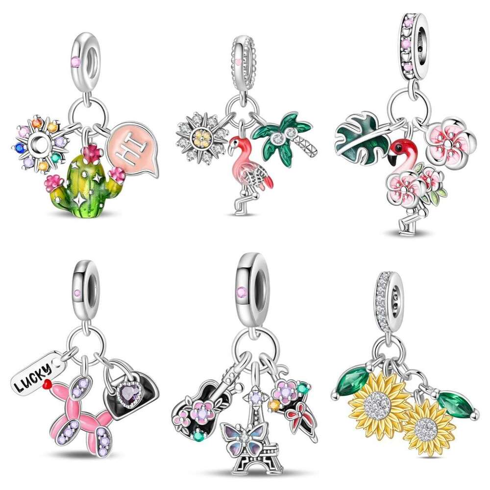 New 925 Sterling silver Flamingo Charms Sun Flower Pendant Beads FIT DIY Jewelry Accessories Bracelet 925 Sterling silver jewelry gift for women