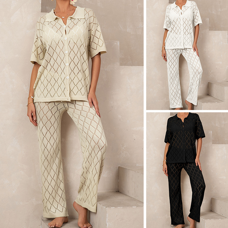 Beach Short Sleeved Shirt, Long Pants, Hollowed Out Perspective Casual Knitted Vacation Elegant Sunscreen Cover Set