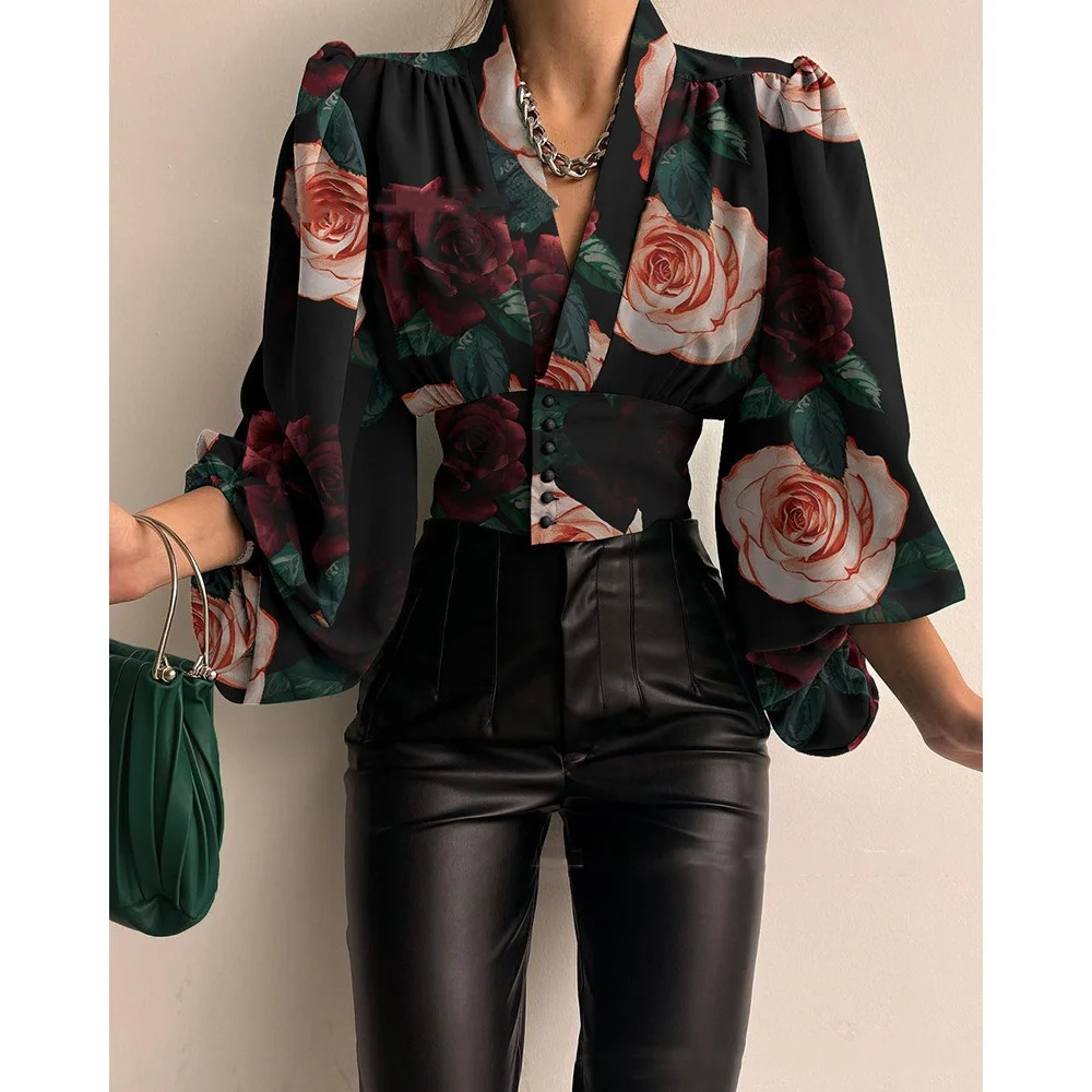 Heat resistant short top for women with fashionable buttons Vneck lantern sleeves Tshirt womens clothing printed shirt 250311
