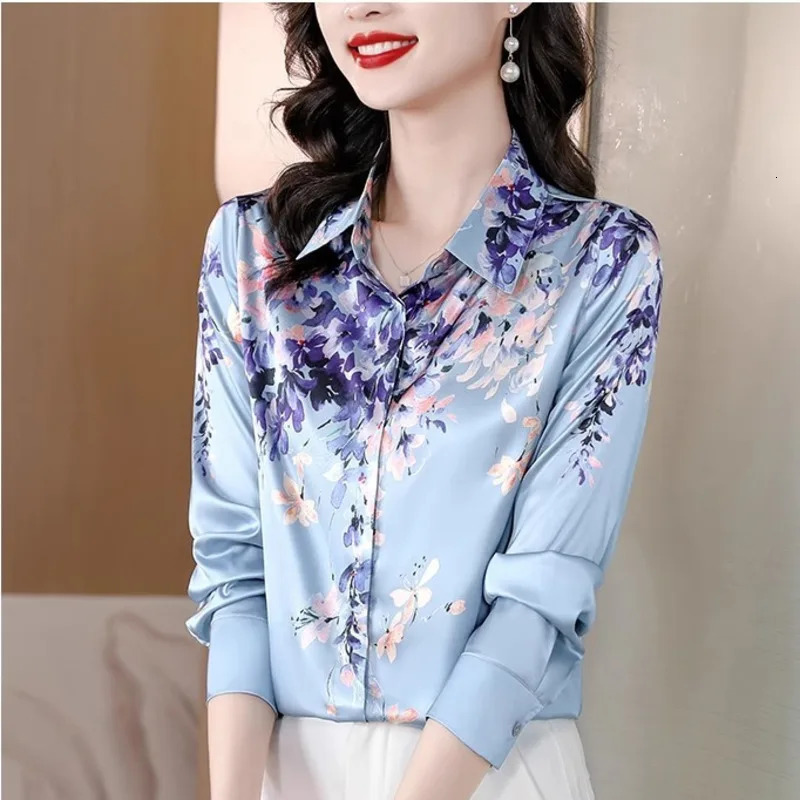 Wxw2508 Spring Retro Satin Womens Casual Fit Long Sleeve Flower Printed Shirt French Style 250311