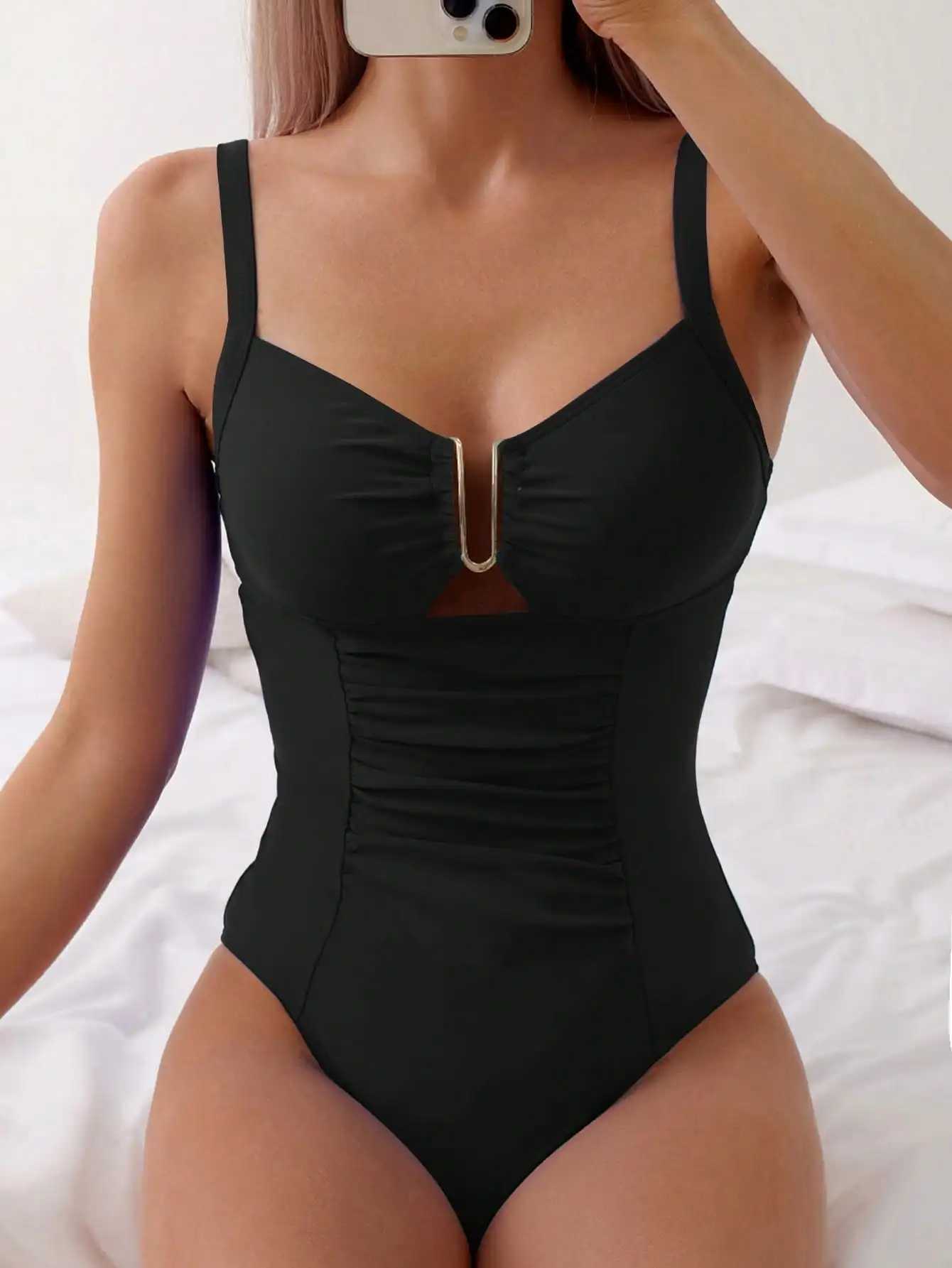 Summer black camisole one-piece swimsuit with front tie;T250310