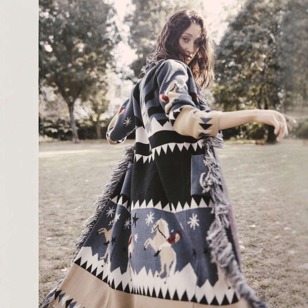 Autumn And Winter Extended Riding Jacquard Sweater Cardigan With Thick Tassel Wool Long Jacket