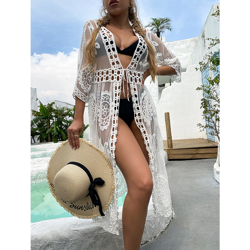 Perspective Hollow Out Big Flower Tie Sexy Lace Water-Soluble Special Dress, Beach Sun Protection, And Bikini Cover Shirt