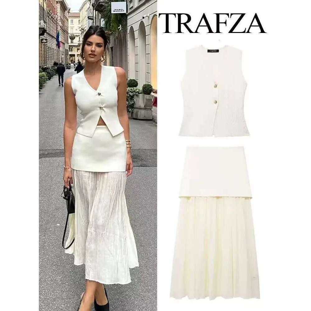 TRAFZA Women 2 Piece Set Chic V-Neck Sleeveless Button Knitted Vest Top+Splicing High Waist Side Zipper Ankle-Length Skirt TRAF