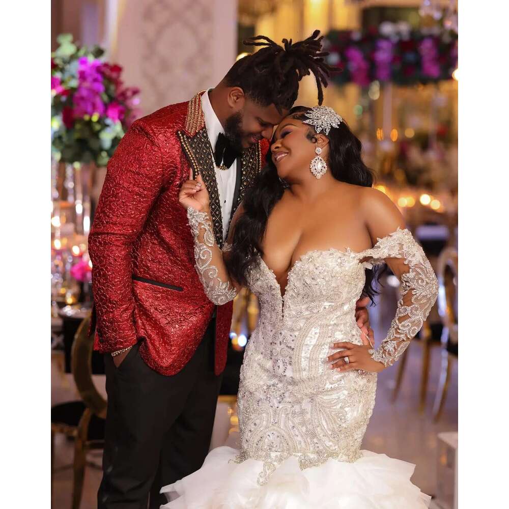 Elegant Mermaid Beading Lace, Off Shoulder, Sequin Wedding Dresses, Ruffles Train Bridal Dress