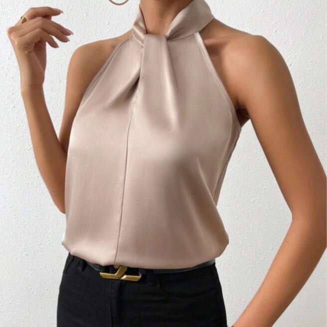 2025 Summer New Womens Colored Ding Hanging Neck Sleeveless Vest Satin Imitation Silk Top Slim Crop Top Casual Casual Slim Streetwear Womens T Shirt C