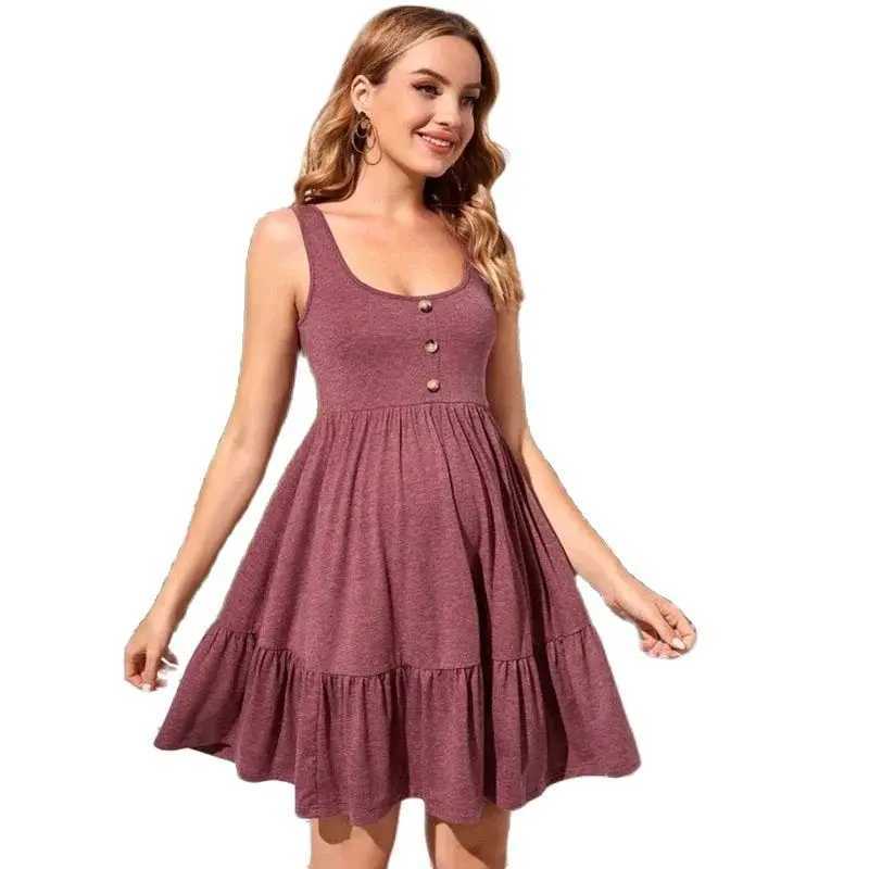 Maternity Button Dress Maternity Clothes Summer Casual Pregnant Women Sleeveless V-Neck Dress Vestidos Pregnancy ClothingT250311