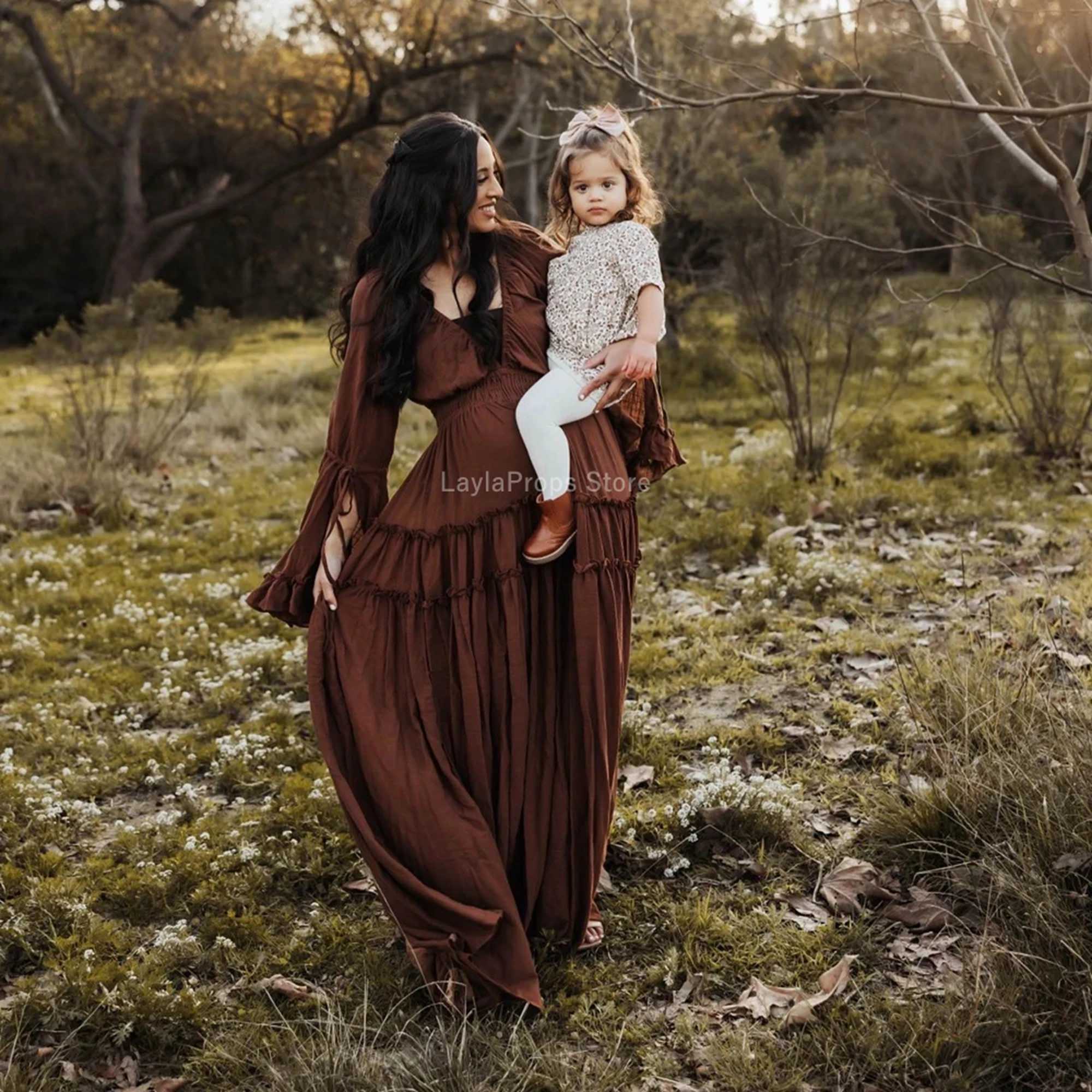 Maternity Dresses For Photoshoot Bohemian Photography Linen Cotton with Deep V-Neck Ruffled Lace Long Sleeves X250224