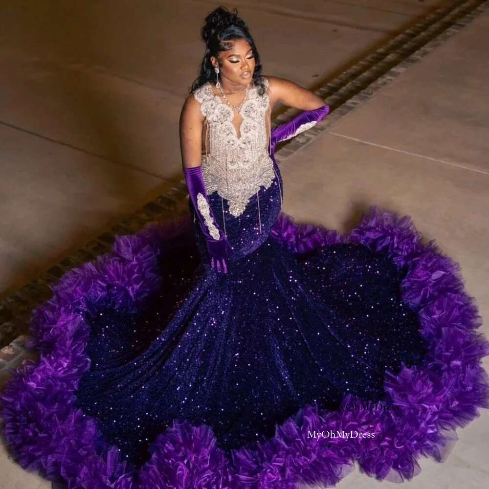 Purple Ruffles Long Prom Dress For Black Girls Mermaid Sequins Crystals Birthday Party Dresses Women Evening Gown Customized al0311