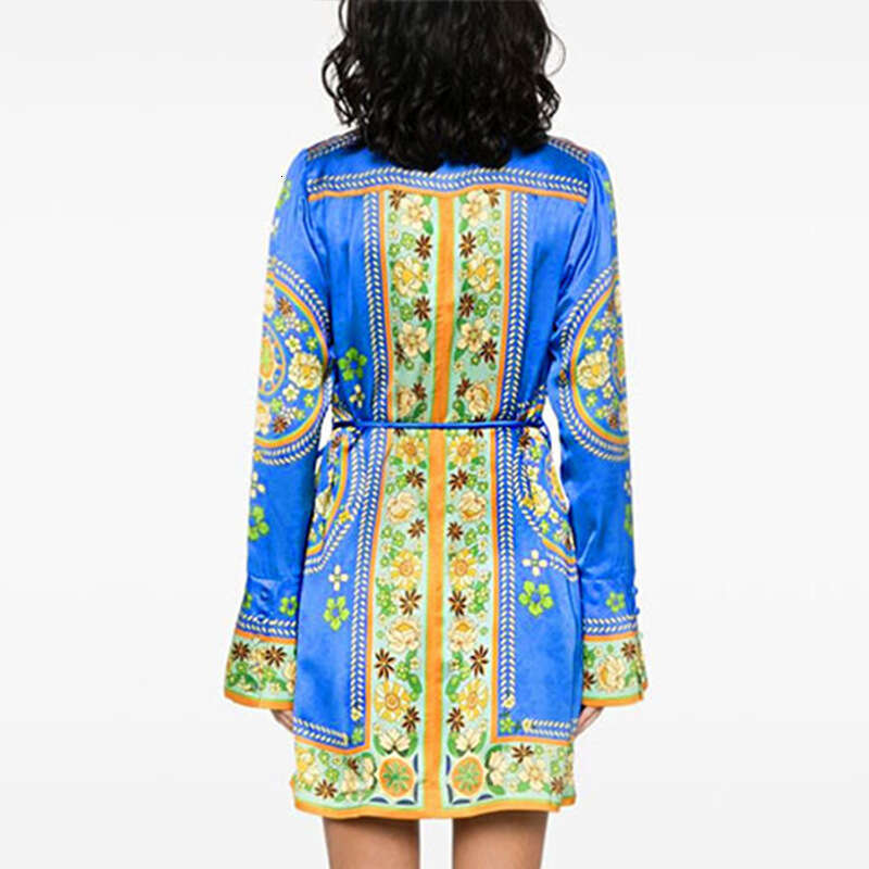 Women's Clothing 2025 Spring New Style Temperament Lapel Print Fashionable Lace Up Long Sleeved Dress KLMY