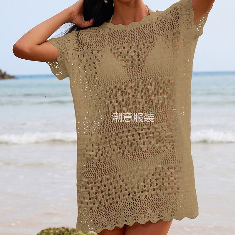 New Sexy Hollow Texture Lace Collar Loose Fitting Pullover Mid Length Vacation Sun Protection Beach Cover