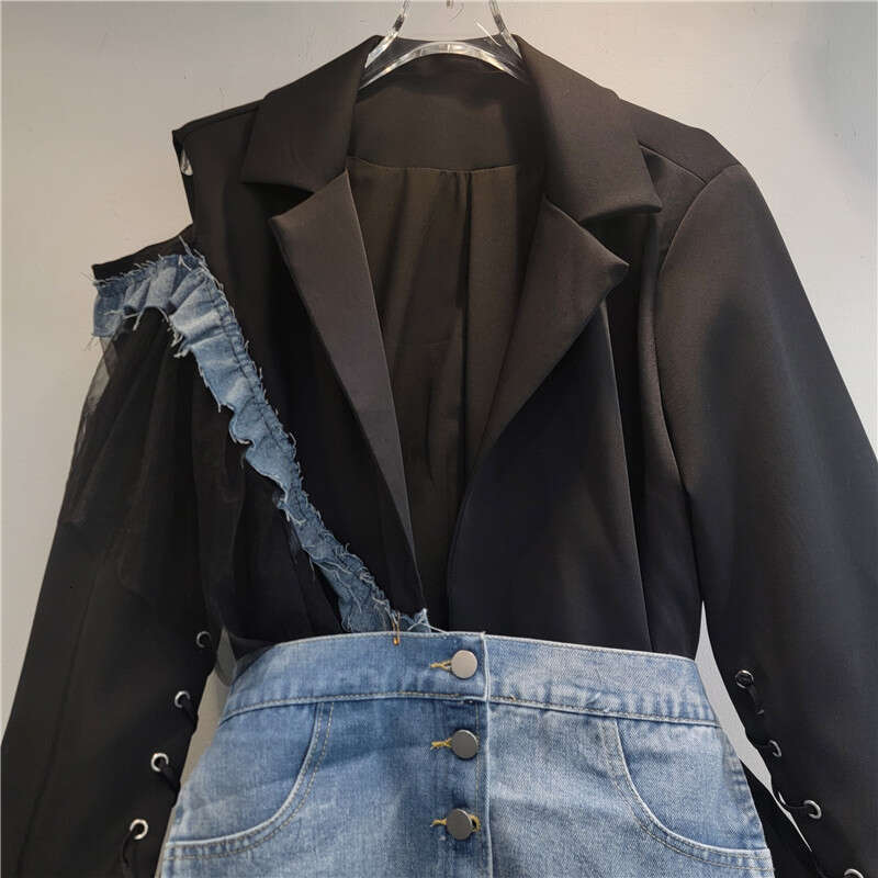 This Year's Popular Trend Is Beautiful And High-End Splicing, Contrasting Color Hollow Out Temperament Suit Jacket For Women, 2024 Autumn New Sty