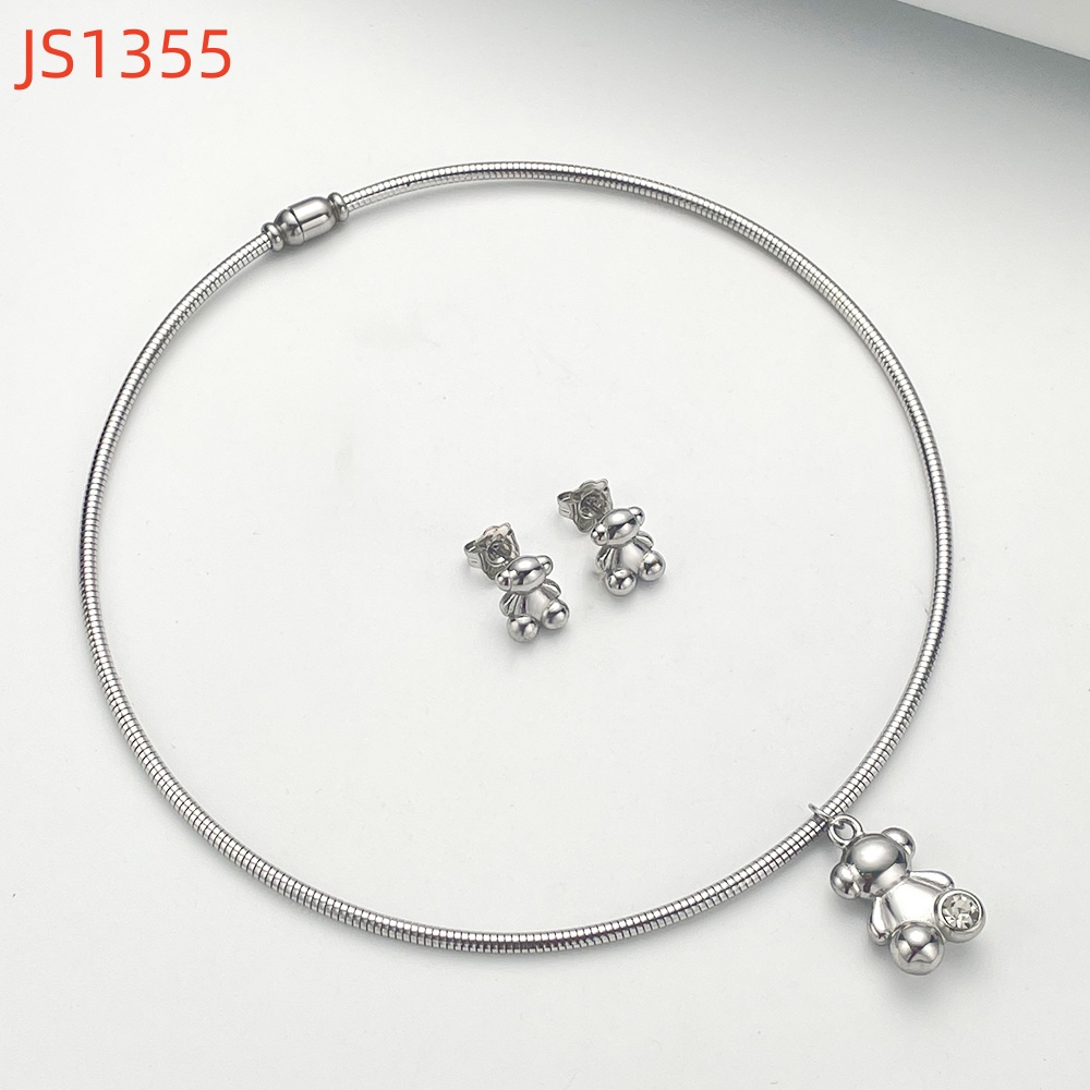 New Arrival Fashion Women Men Silver Gold Stainless Steel Bear Pink Blue Zircon Cartoon Animal Heart Span Wire Circle Pendant Necklace Earrings Sets Jewelry