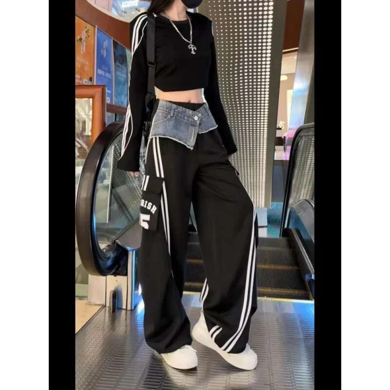 American Style Trendy Denim Two-Piece Illusion Cargo Pants Women's Autumn New Fashion Striped Multi-Pocket Bell Bottoms Casual P