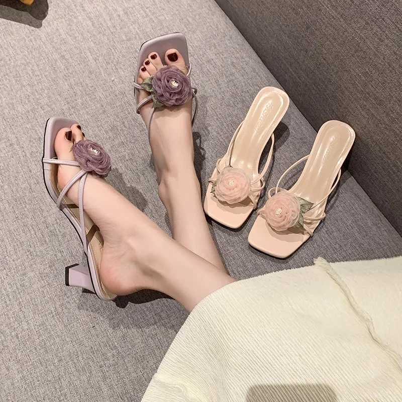 Womens Sandals Summer Fi Lace Flower Square Toe Womens Slippers High Heel Sandals Beac ZapatosXJ250311