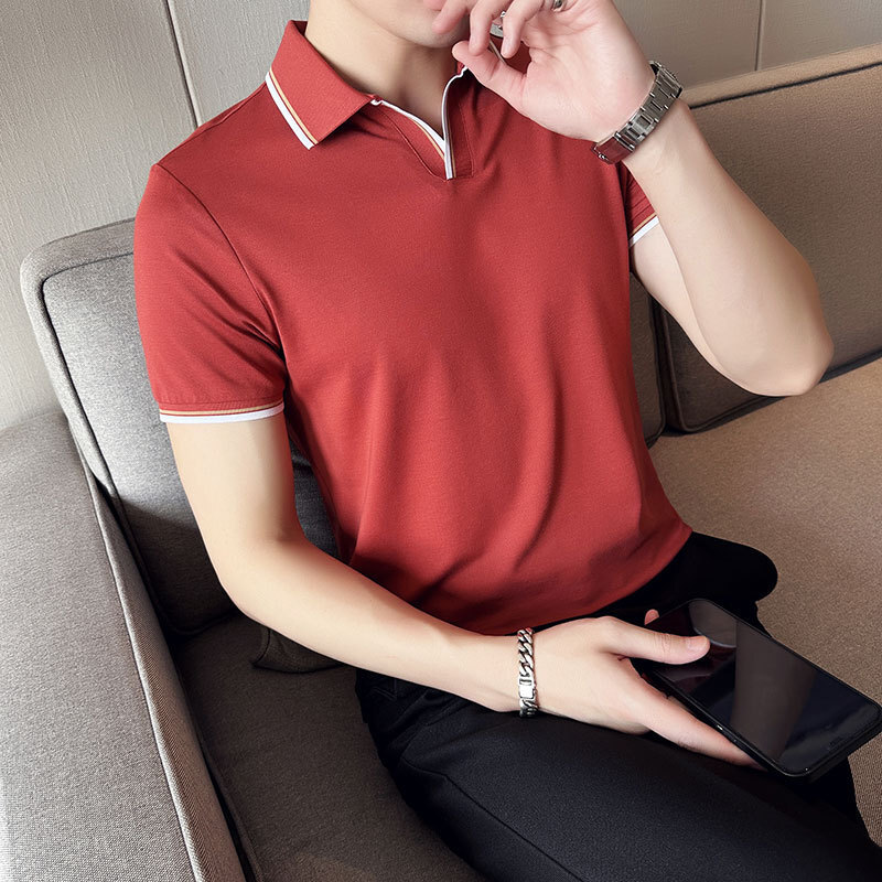 White mulberry V-neck short sleeved polo shirt casual business light luxury T-shirt men's summer new item ice silk tracksuit