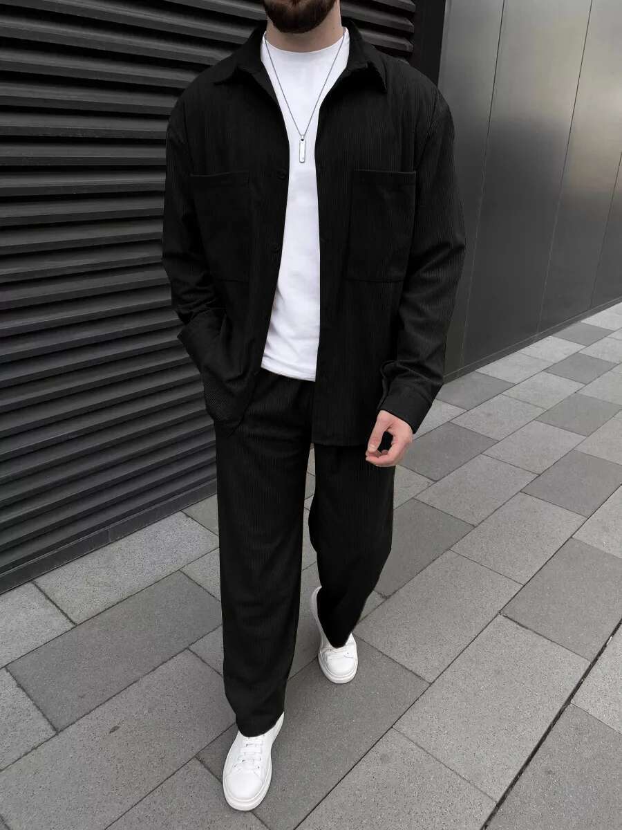 Spring Autumn Europe And The United States Cross-Border Men's Corduroy High Quality Long Sleeve Coat Casual Pants Two Piece