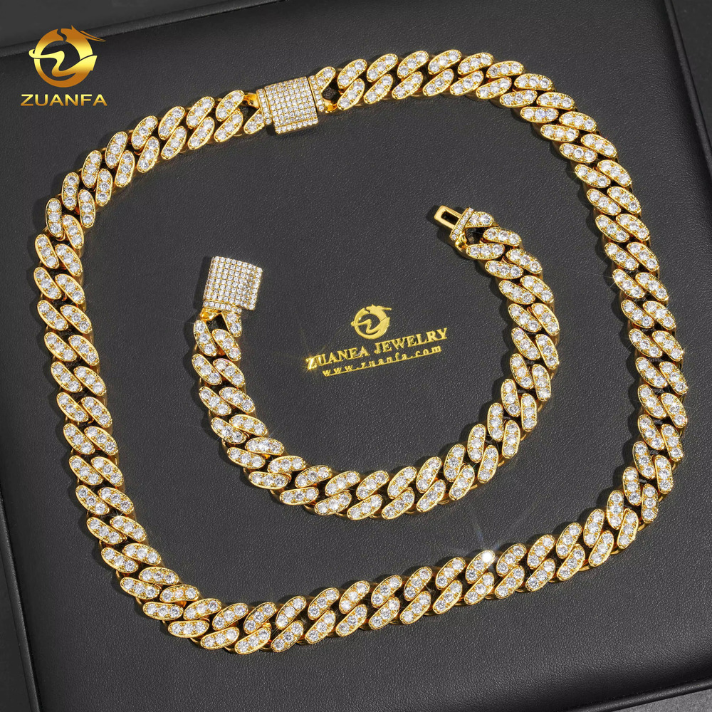 10k 14k Gold Plated One Row 12mm Miami Hip Hop Chain Iced Out Fashion Cuban Chain Moissanite 925 Silver Pass Diamond Test