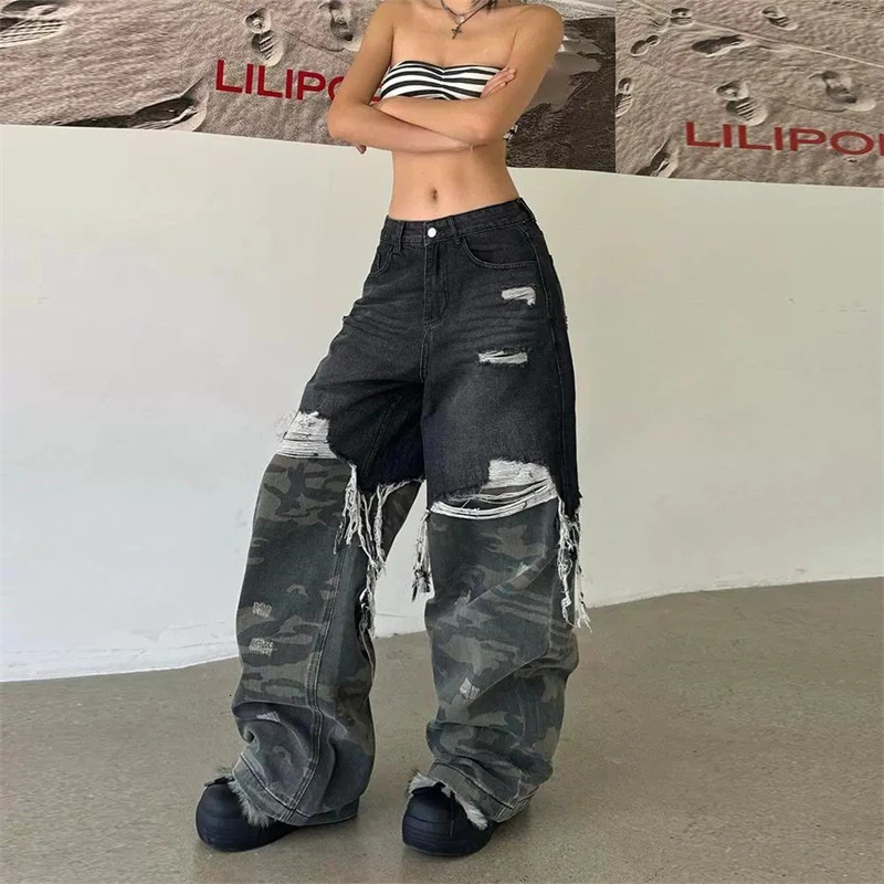Womens Camouflage Splicing n Denim Trousers Summer Cool Girl Pant Vintage Bottoms Female High Waist Wideleg Neutral Jeans 250311