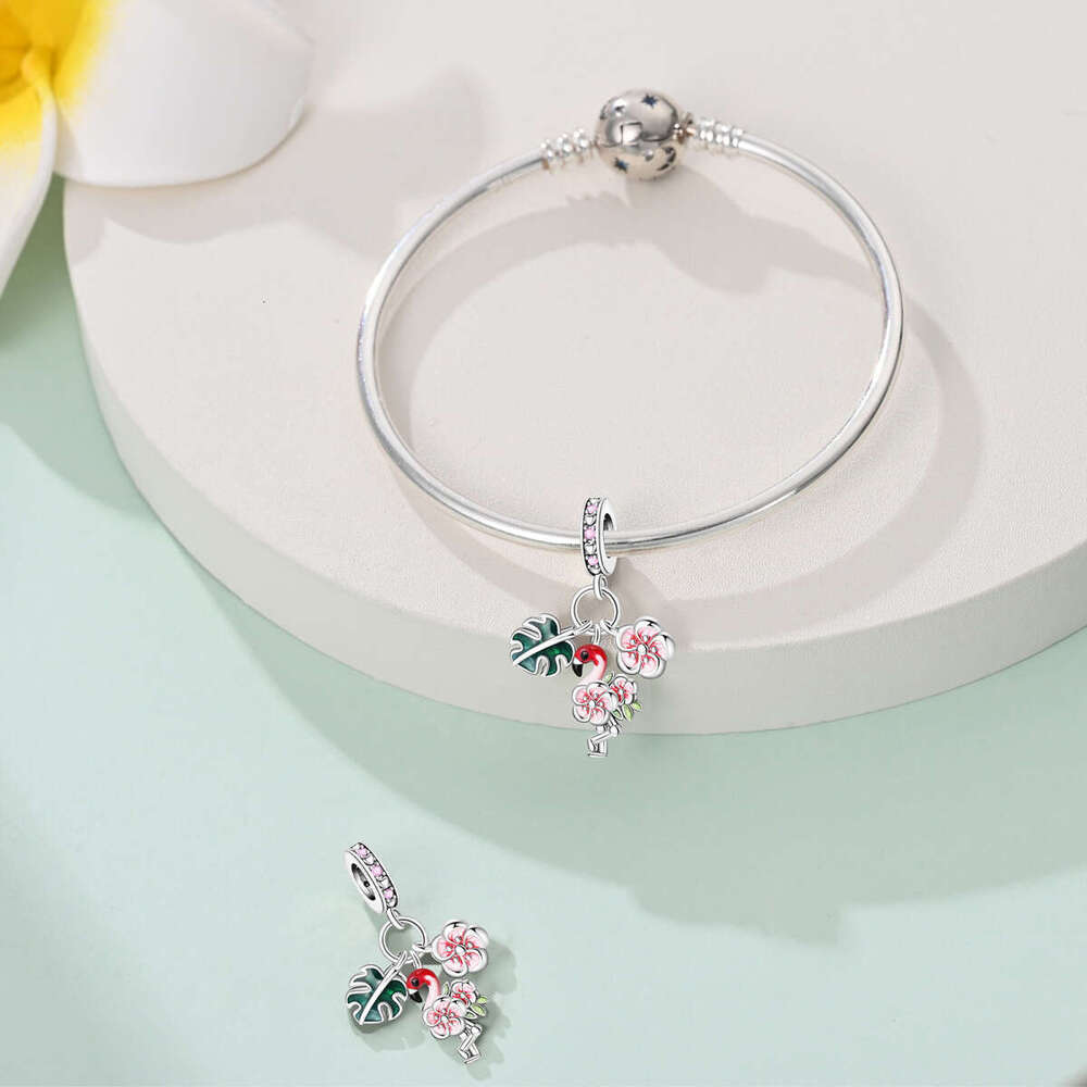 New 925 Sterling silver Flamingo Charms Sun Flower Pendant Beads FIT DIY Jewelry Accessories Bracelet 925 Sterling silver jewelry gift for women