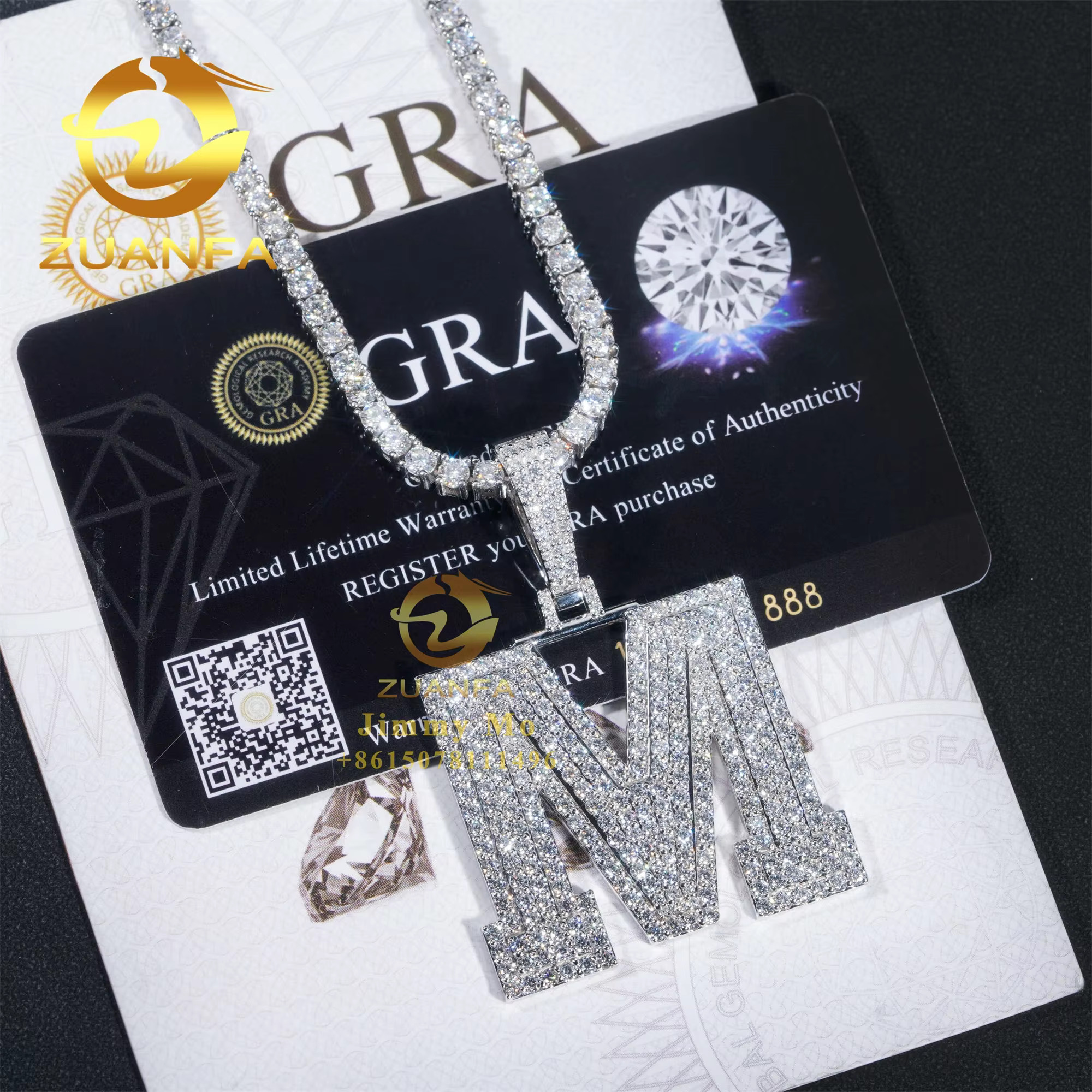 10k Real Gold New Customized Rapper Jewelry Iced Out Moissanite Necklace Pendant Hip Hop Letter M Initial Letter Pendant