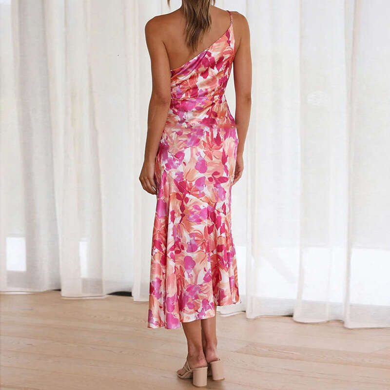 Sample Of Women's Commuting Simple Printed Diagonal Collar Ruffle Edge Dress KLMY