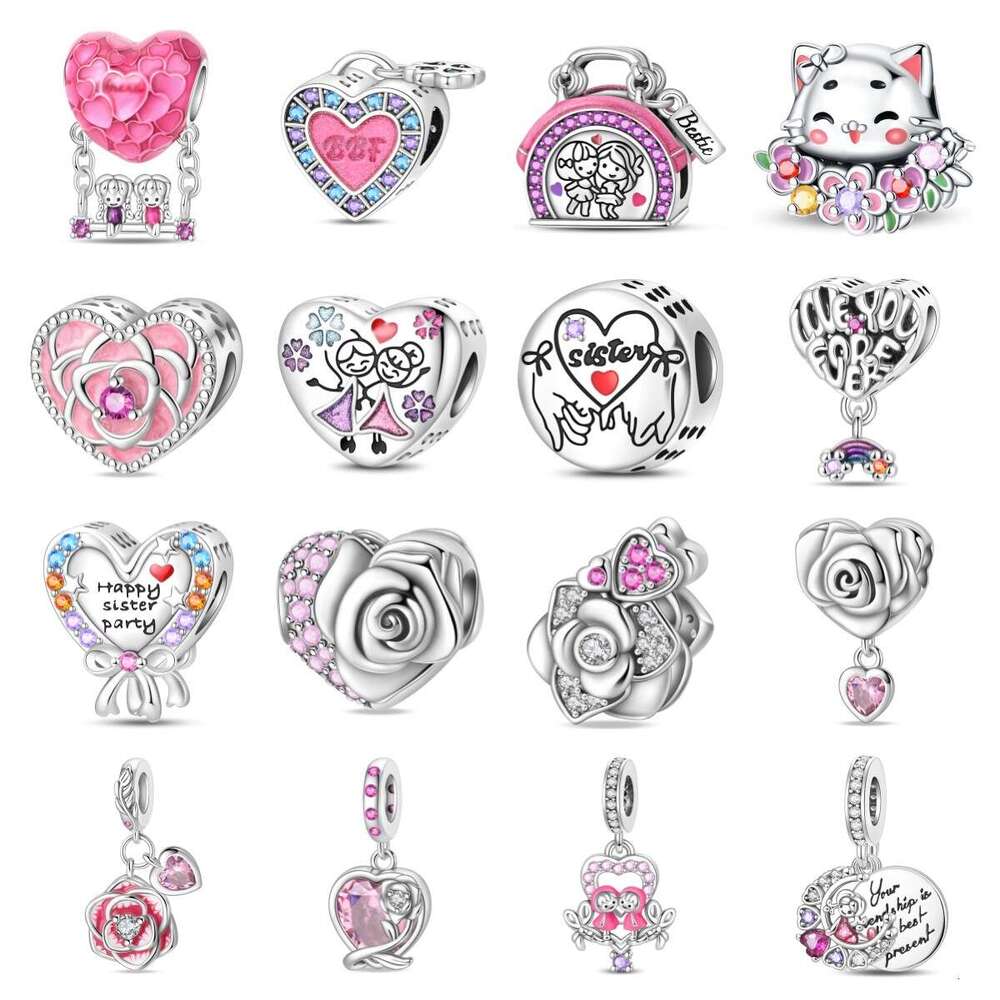 925 sterling silver Charm Friendly sisters love pink rose pendant beads charms DIY jewelry accessories bracelet for women gift fashion jewelry wholesa