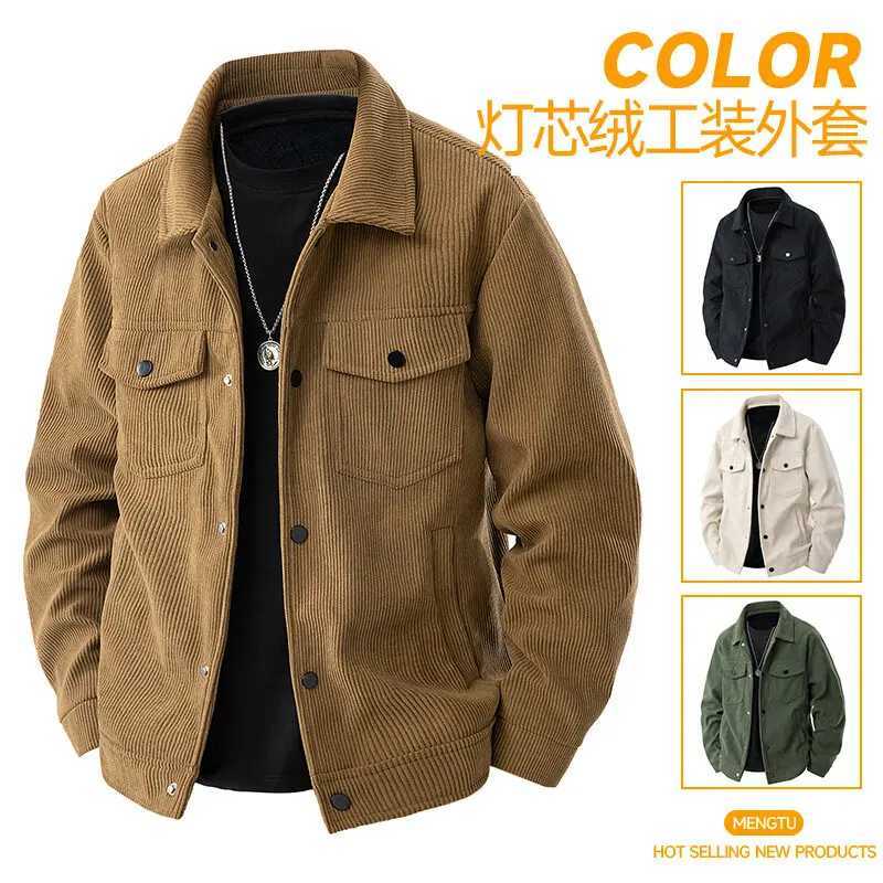 Spring and Autumn mens corduroy lapel jacket 2025 mens new American retro brand loose and handsome multi-pocket cargo jacketT250311