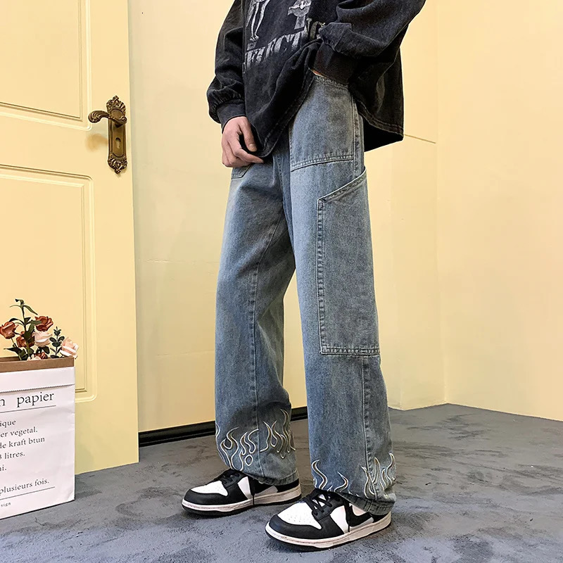 Y2K retro flame printed mens jeans loose streetwear wide leg denim Trousers hiphop fashion straight pants 250311