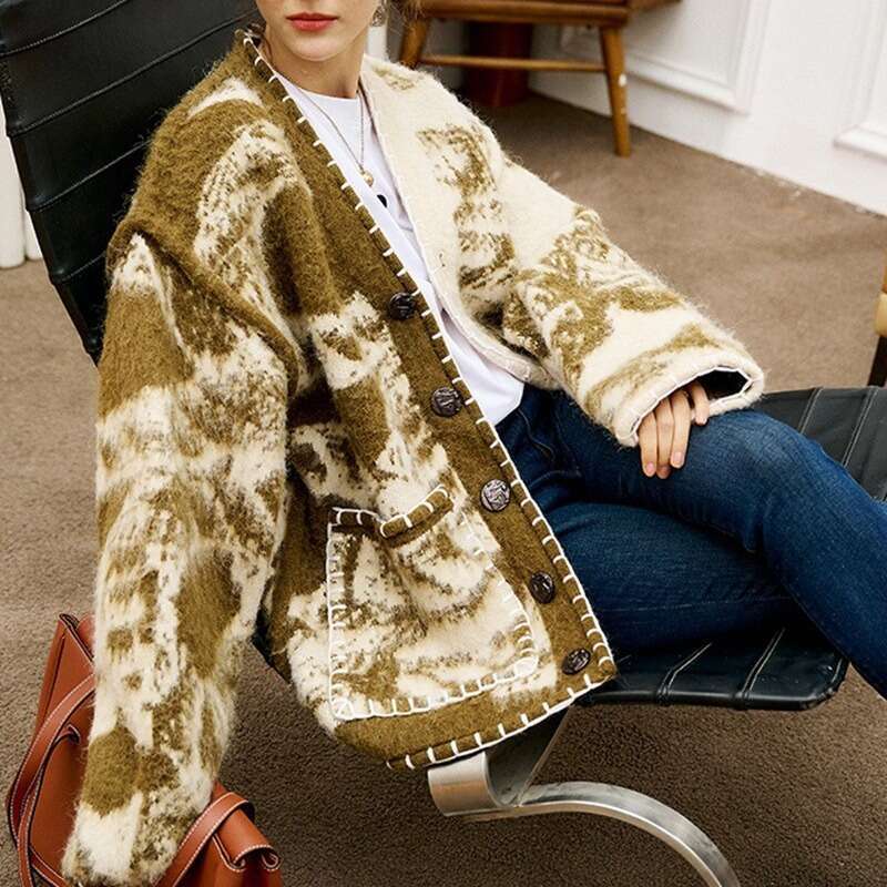 Australian Autumn Winter Totem Ethnic Style Knitted Cardigan, High-End Lazy Style, Loose And Medium Length Jacket