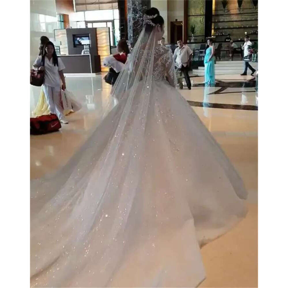 Pcs One Urious Beadings Appliques Ball Gown Wedding Dresses Sexy Sheer Sleeves Beads Ruched Long Train Bridal Gowns