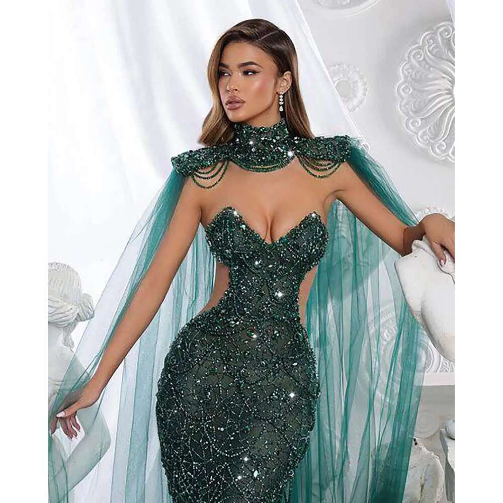 Real Beading Lace Mermaid Prom Dresses, Sexy High Neck Sequined Formal Party Sweep Train Evening Dress, Custom Made