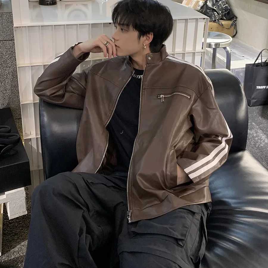 2024 New Vintage Striped Maillard Leather Jacket For Men High-End Feel Casual Loose Fit PU Cloth Jacket Spring AutumnT250311