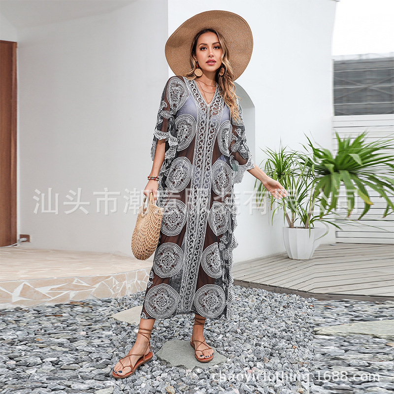 New Summer Women's Water Soluble Lace Sexy Hollow Perspective Loose Beach Bikini Overcover