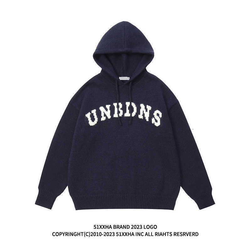 American high street vintage letter knitted sweater mens jacket trendy brand loose and versatile hooded pullover sweatshirt men 241209