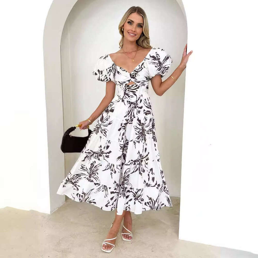 European American Spring/Summer Slimming Printed Bubble Sleeves Large Swing High end Dress for Women 2025 New Style Stylish and Elegant Clothing