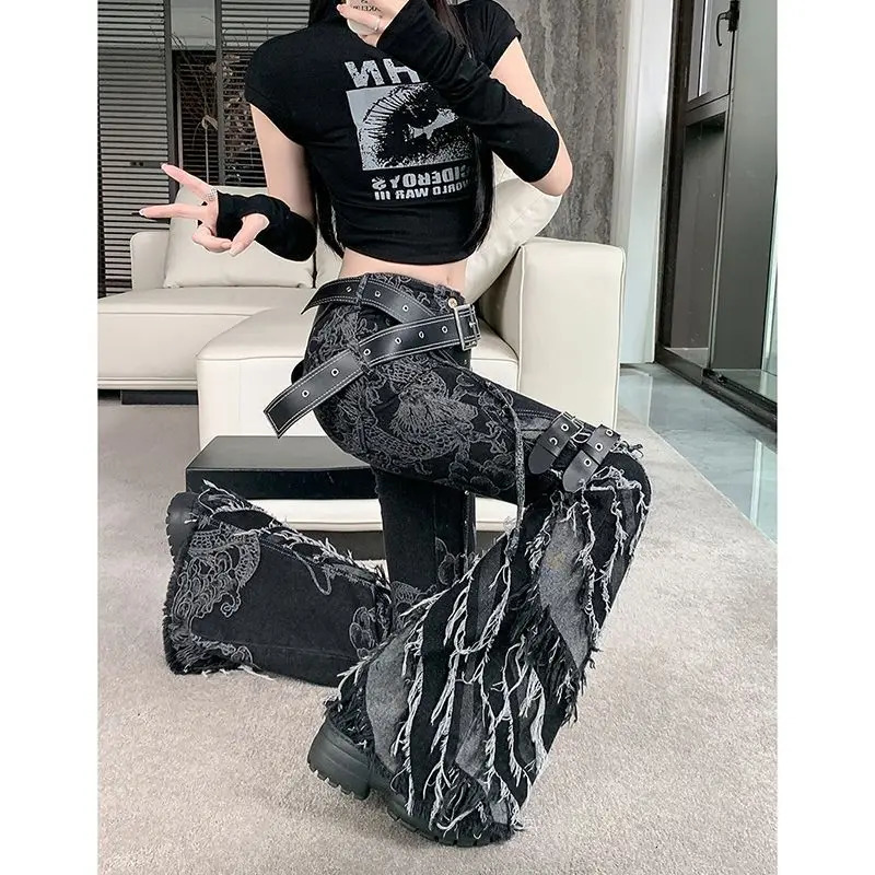 Punk Black Print Gothic Flare Jeans Women Low Rise Vintage Denim Pants Dark Academia Y2k Japanese Streetwear Goth Trousers 250306