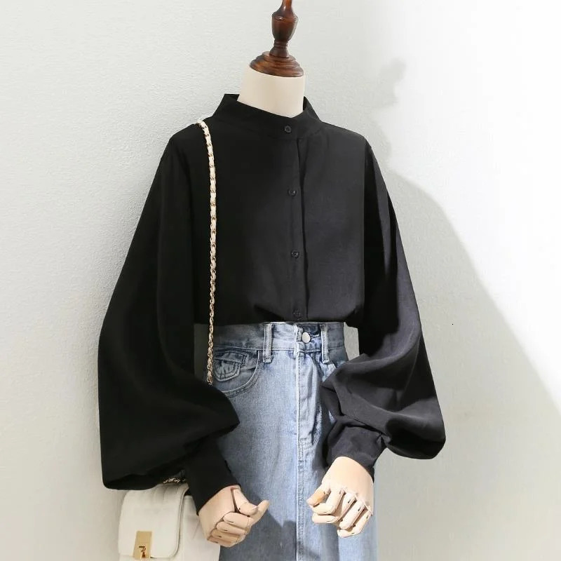 Womens Spring Autumn Style Blouses Shirt Lady Long Lantern Sleeve Stand Collar Loose Blouse Tops DF4847 250311