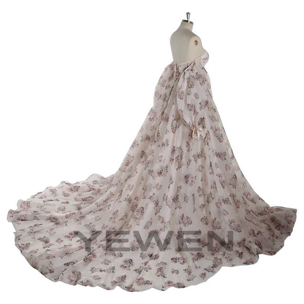 Print Floral Off Shoulder Front Slit Silk Organza Maternity Photoshoot Gown Long Train Dress for Pregnant Woman YEWEN YW240058 X250224
