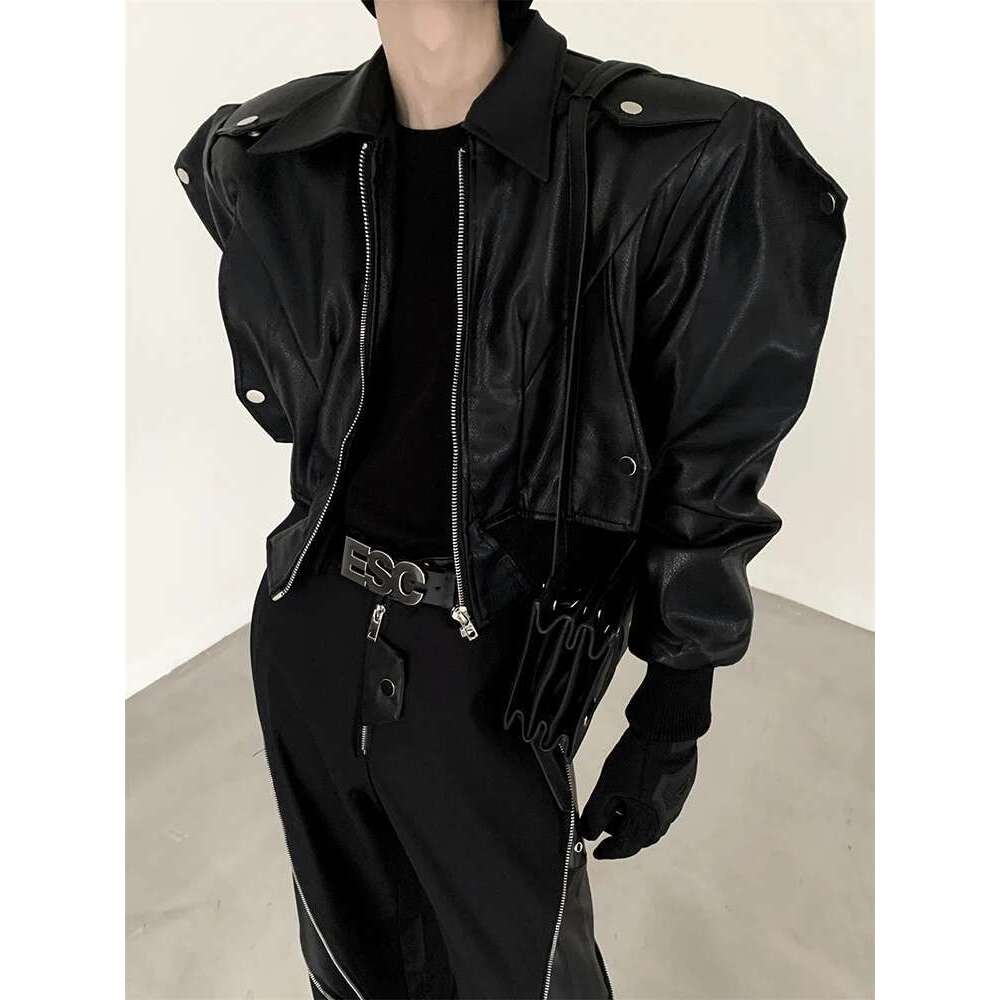 Men's Leather Jacket Mauroicardi Spring Autumn Cool Handsome Short Oversized Black Pu Leather Jacket Men With Shoulder Pads Long Sleeve Zipper