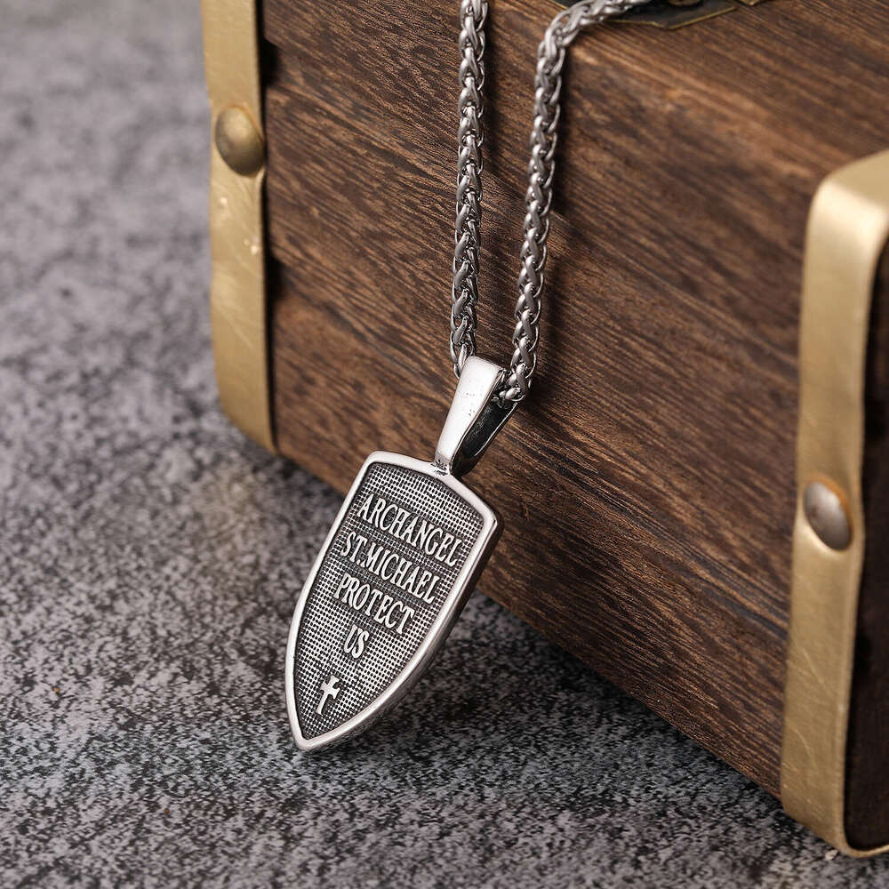 Fashionable stainless men's angel shield necklace, titanium steel pendant, double-sided letter hanging tag