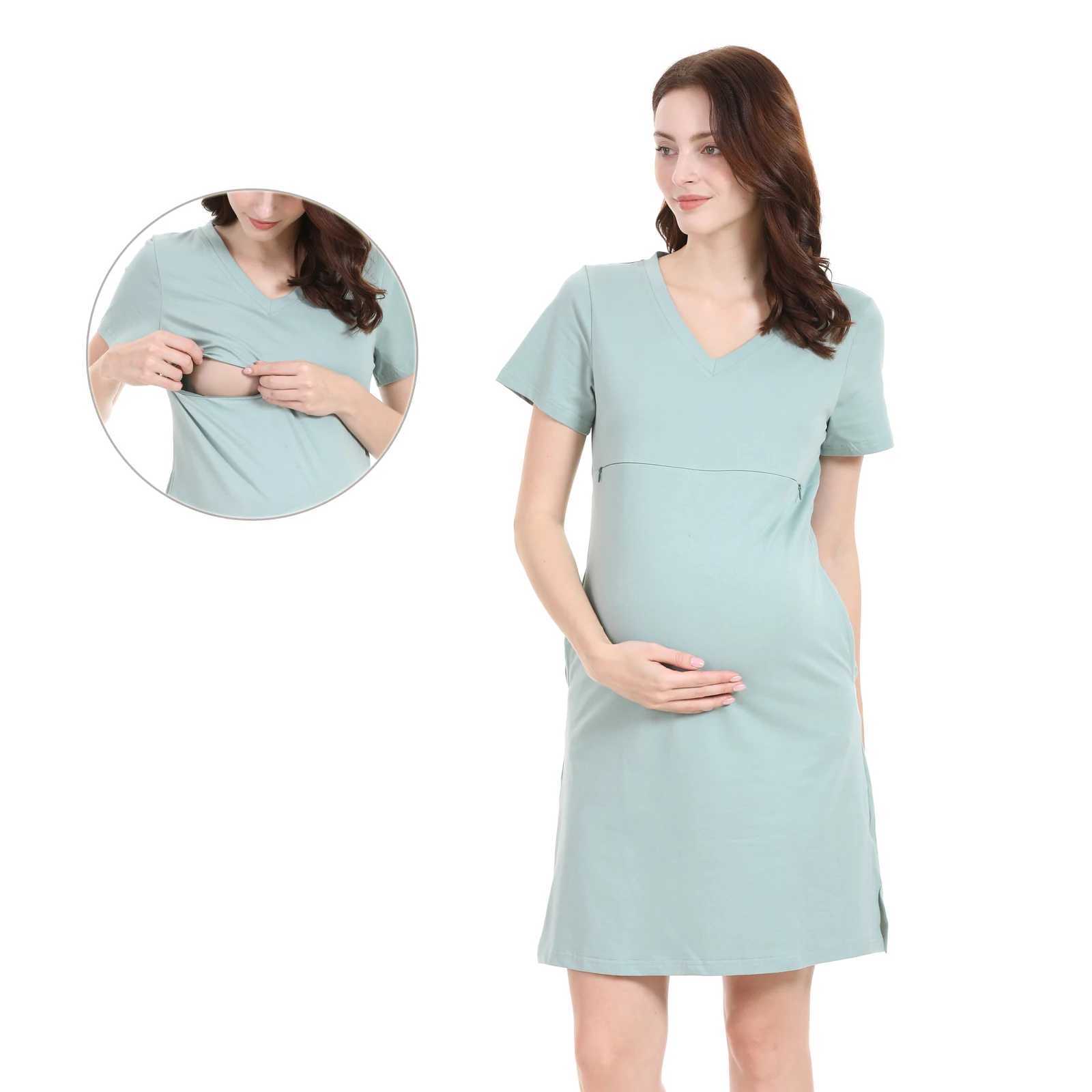 2025 Summer Womens Nursing Dress Summer Short Sleeve V-neck Maternity Breastfeeding Knee Length Dress with PocketT250311