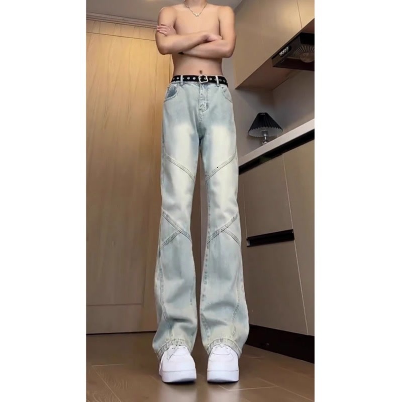 American Washed Blue Jeans Men s Fashion Designer Streetwear Versatile Splicing Trend Straight Tube Slim Fit Casual Pants 2025 New Trend