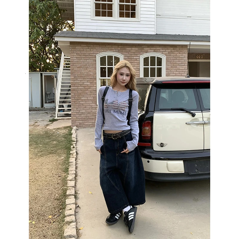 Blue Womens Jeans High Waist Vintage n Hip Hop Straight Baggy Denim Pants Street Y2K American Style Wide Leg Trouser 250311