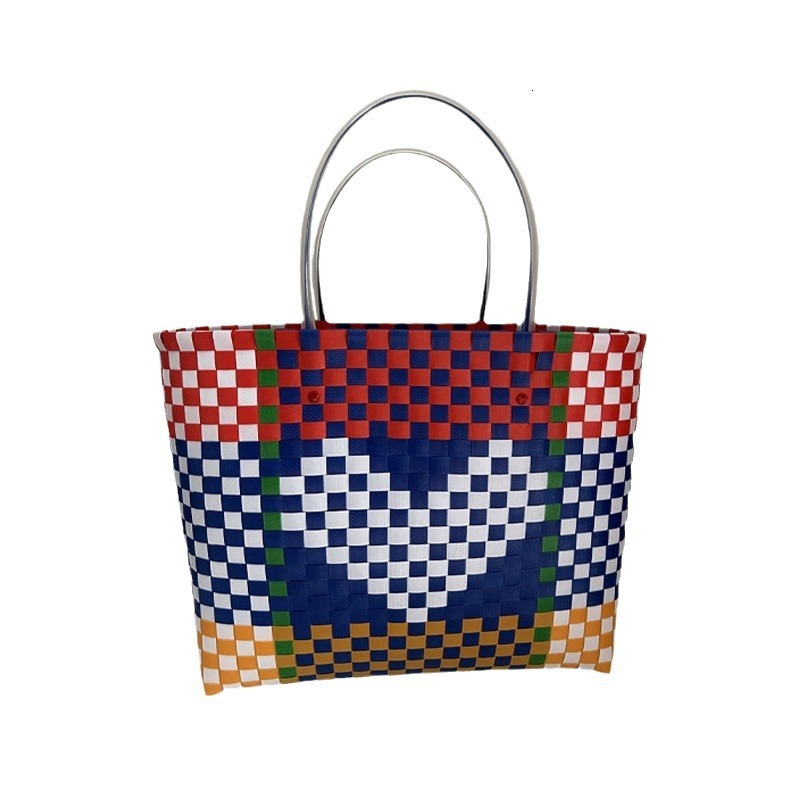 Hand-Woven Bag, Large-Capacity Love Women's Handbag, Grocery Shopping Blue, Open Plastic Bag.