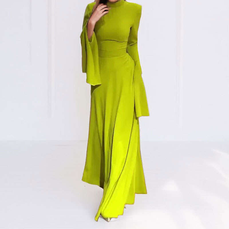 Women's 2025 Year New Style Elegant Solid Color Half High Collar Lotus Leaf Sleeve Dress KLMY