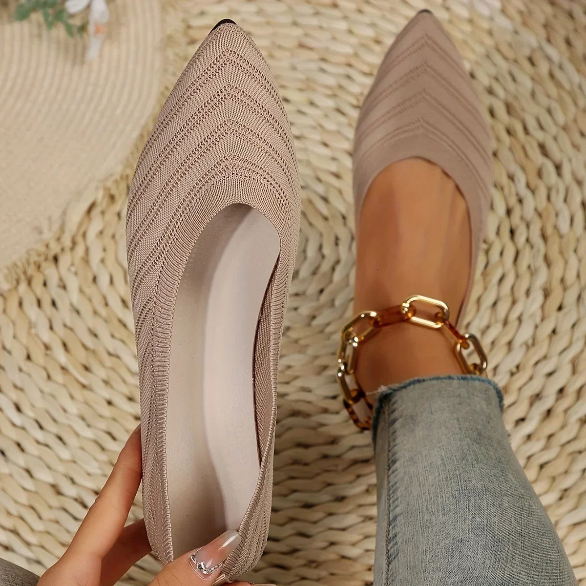 Pointed Toe Flat Office Boat Solid Color Knitted Slip on Casual Ballet Flats Shoes Women Loafers Zapatos De hot Mujer 250311